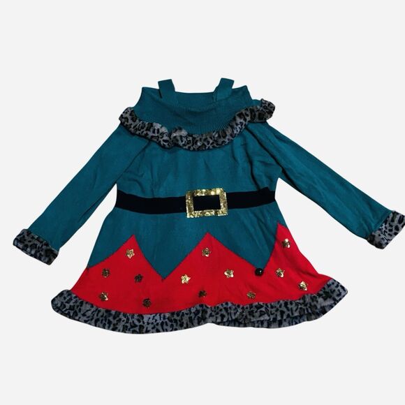 Holiday Time Christmas Sweater Dress Green Elf Leopard Fur Off Shoulder 3X 24W - Picture 6 of 16